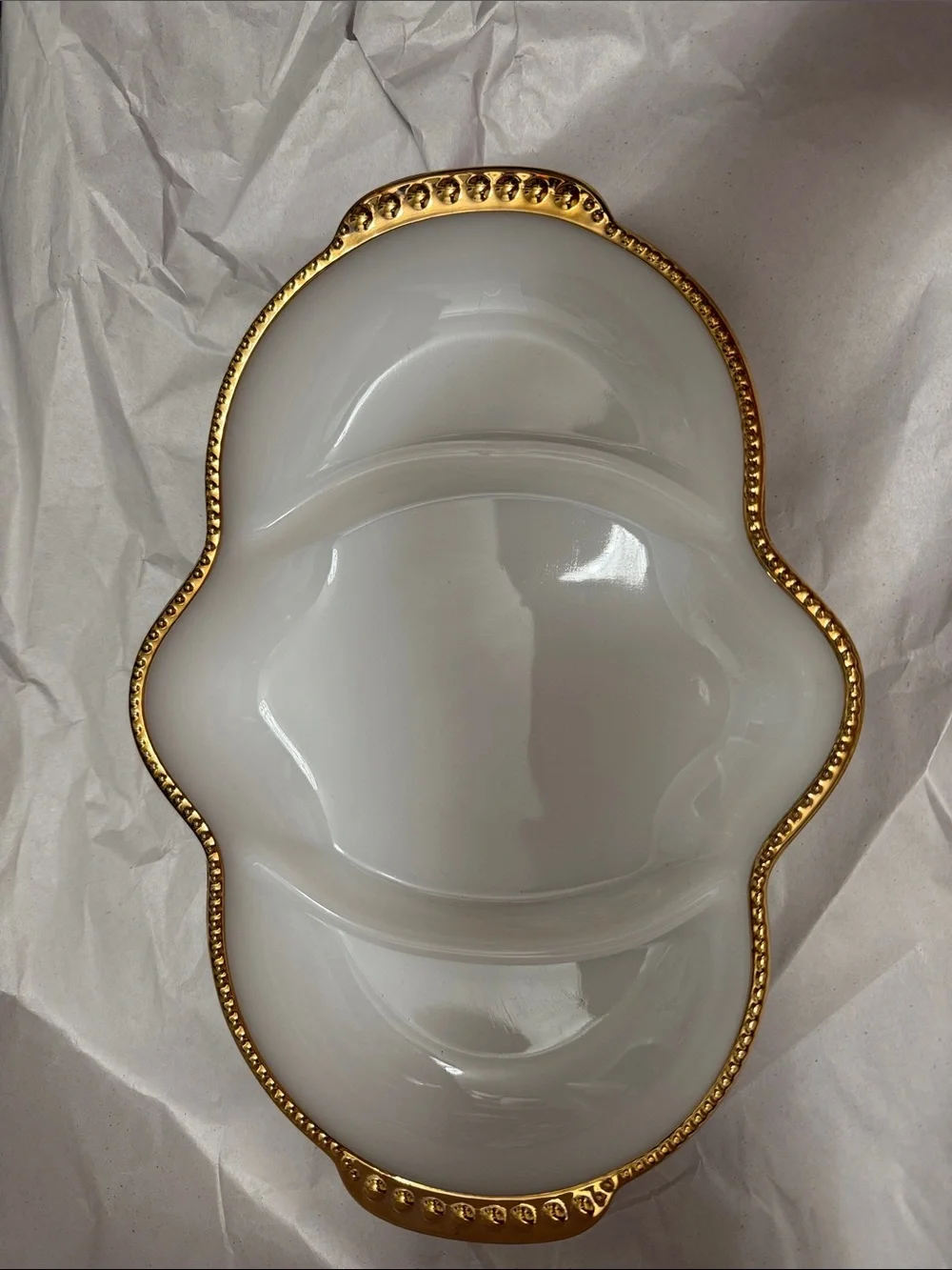 Fire King White Divided Serving Dish with Gold Beaded Rim